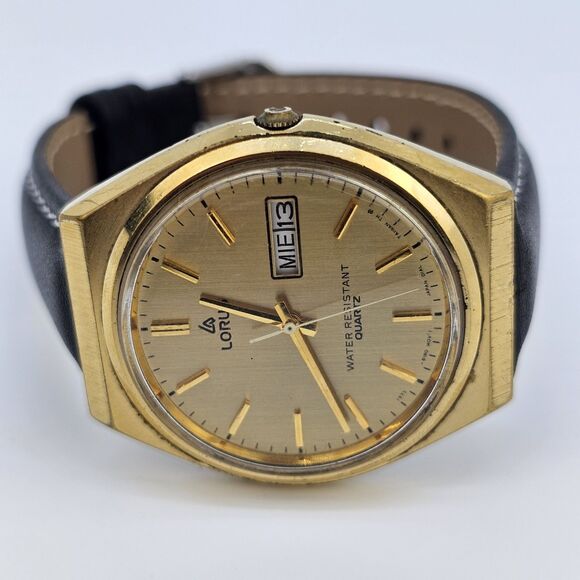 VTG Lorus Men's Watch 36MM Gold Dial DayDate New Black Leather Bands New Battery - Picture 8 of 16